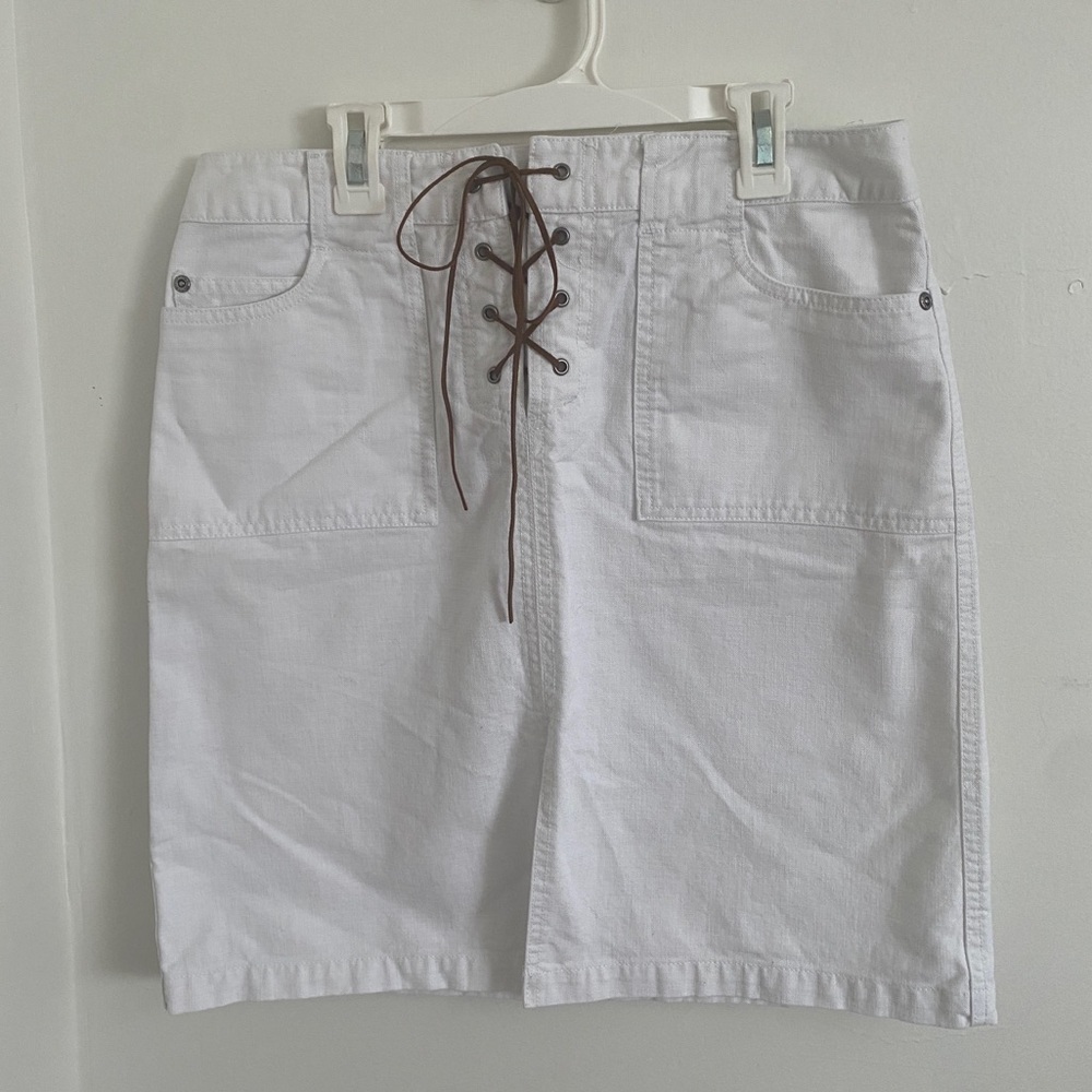 Vintage Faded Glory White Cargo Y2K Denim Mini Skirt Featuring Boho Lace Size 6